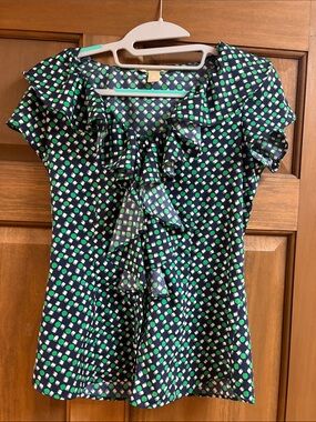 Banana Republic Navy Blue, Green and White Ruffle Front Blouse Size XS